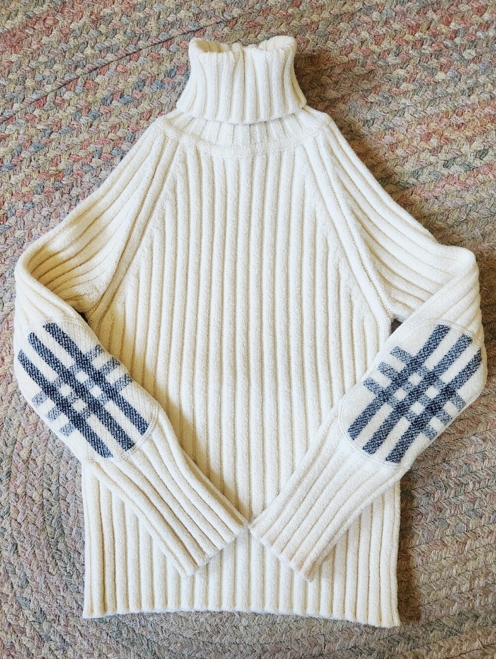 Burberry Cream Ribbed Turtleneck Sweater with Elbow Patches